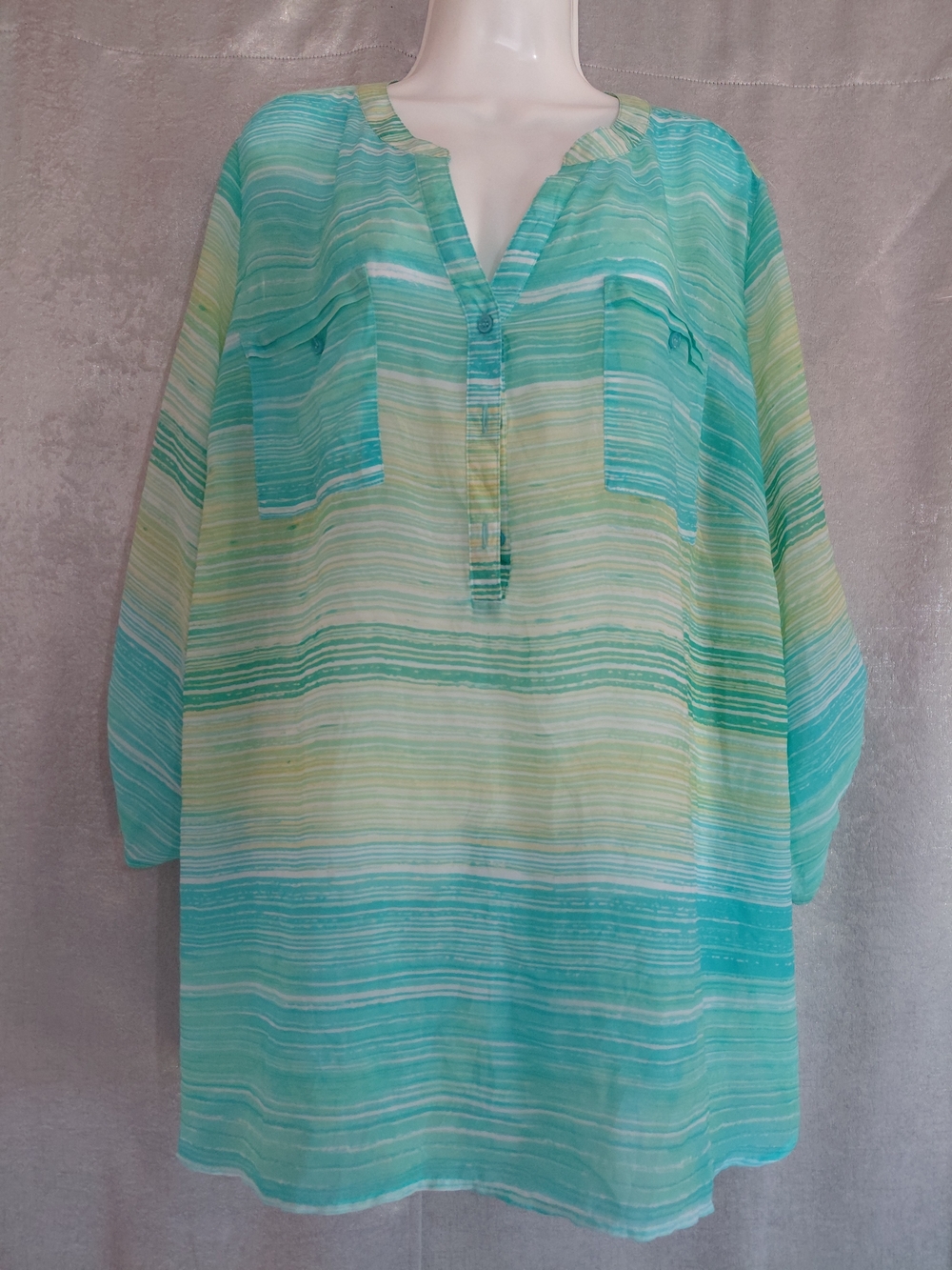 Como Woman Teal Mint Striped Henley Blouse Sheer Beachy Casual Plus Sz 2X Top.